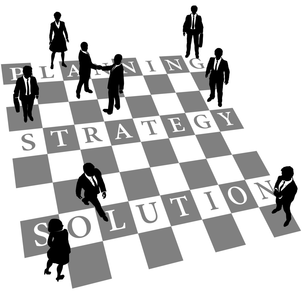 Business people as human chess or checkers pieces on board of Planning Strategy and Solution